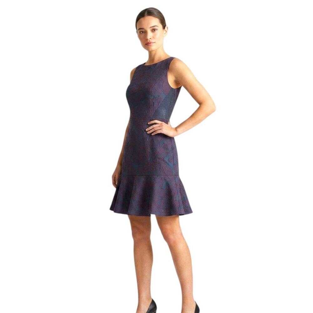 Monique Lhuillier Navy Blue  Floral Embroidered Knee-Length Dress, M/US8
